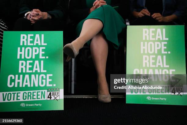 Members of the public attend The Green Party Manifesto launch on June 12, 2024 in Brighton, England. The Green Party Manifesto is launched today by...
