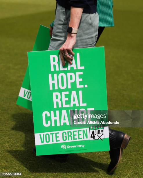 Members of the public attend The Green Party Manifesto launch on June 12, 2024 in Brighton, England. The Green Party Manifesto is launched today by...