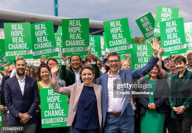 Carla Denyer, co-leader of the Green Party, left, and Adrian Ramsay, co-leader of the Green Party, right, during the launch of their general election...