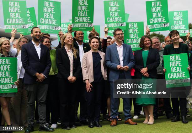 Green Party co-leaders Carla Denyer and Adrian Ramsay pose for the media, alongside parliamentary candidate Sian Berry and Green Party parliamentary...