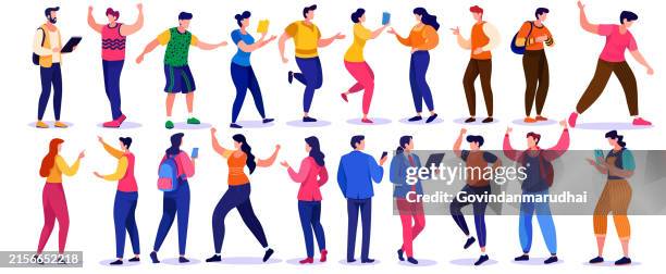 moderne junge leute, studenten, die zusammenstehen, weiße, isolierte illustration. multiethnische menschen charaktere entwerfen vektor charaktere - teilzeit stock-grafiken, -clipart, -cartoons und -symbole