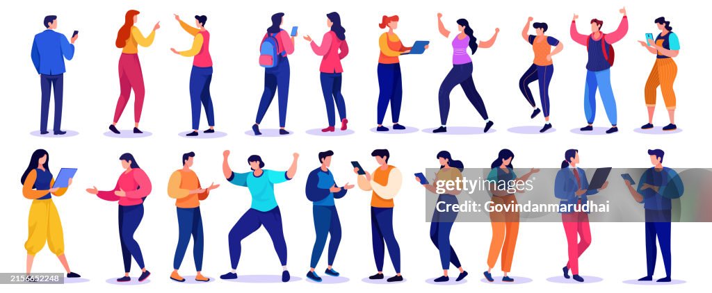 Modern young people, students standing together white isolated illustration. Multiethnic people characters design vector characters