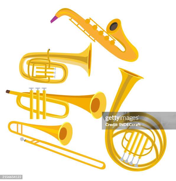music instruments tuba_trombone_trumpet_saxophone_french horn - wind instrument stock illustrations