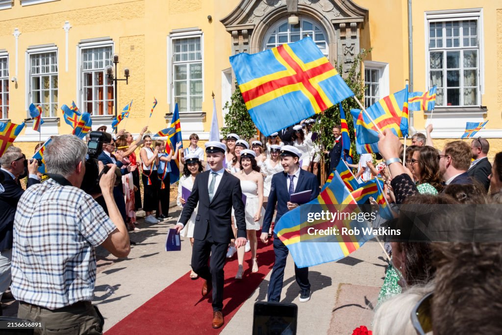 LEAVING SCHOOL FOR THE LAST TIME with TRADITIONAL NORDIC CELEBRATIONS at ÅLAND LYCEUM on GRADUATION DAY in MARIEHAMN ÅLAND BALTIC SEA FINLAND