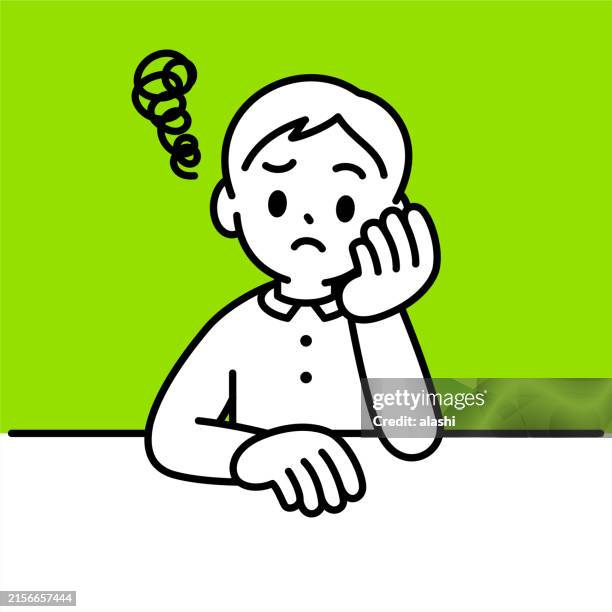 a boy is sitting at the table, frowning and feeling annoyed, hands on the chin, head leaning on hand, in a minimalist style with a black and white outline - student thinking illustration stock illustrations