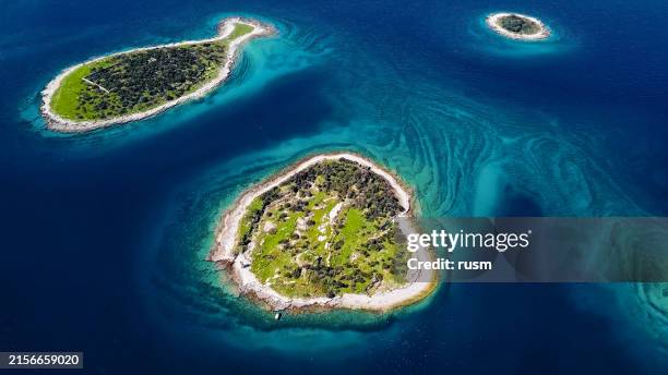 aerial view of desert islands otok obljak and gaz, brijuni park, croatia - brijuni stock pictures, royalty-free photos & images