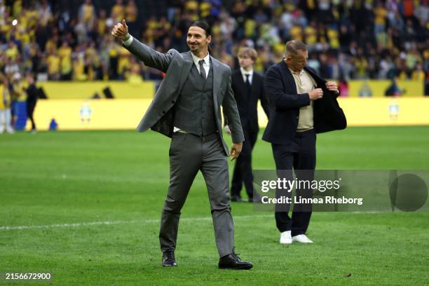 Zlatan Ibrahimovic acknowledges the fans following the international friendly match between Sweden and Serbia at Friends Arena on June 08, 2024 in...