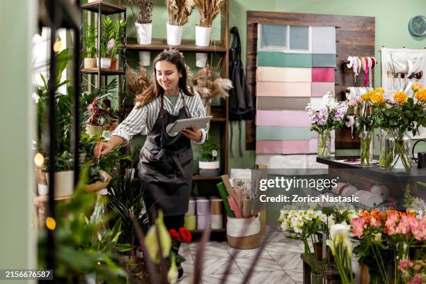 woman managing flower shop with tablet - flower shop stock pictures, royalty-free photos & images