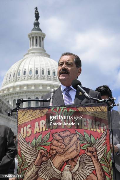 Representative Jesus Garcia and families of gun violence victims hold a press conference at the Capitol House Triangle on gun violence in the U.S....