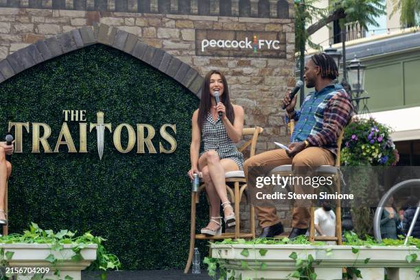 Parvati Shallow and Scott Evans speak on stage at Peacock's "The Traitors" Castle Garden Celebrating Season Two at The Grove on June 08, 2024 in Los...