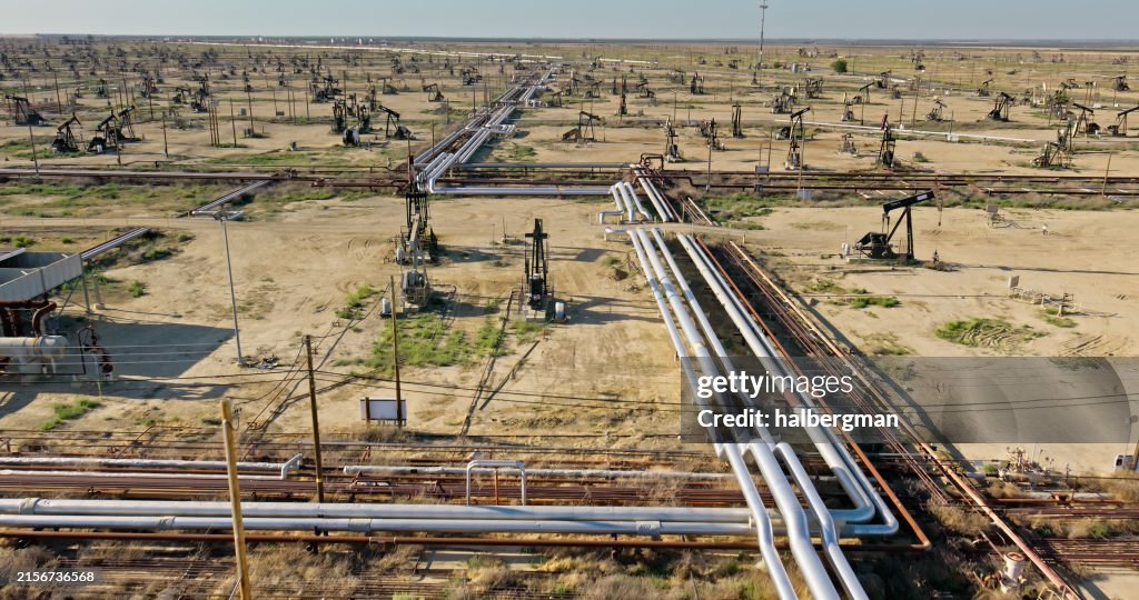 Pipelines in Oil Field in the San Joaquin Valley - Aerial Shot