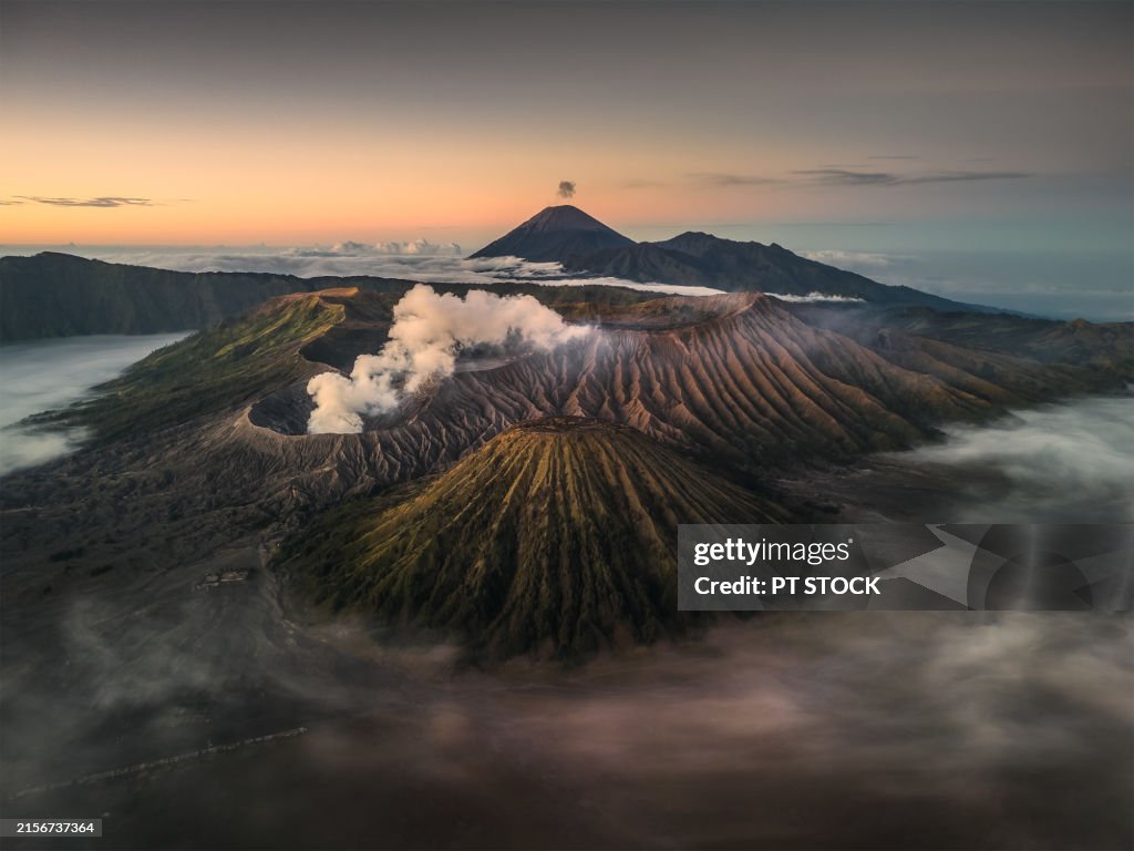 Mount Bromo volcano (Gunung Bromo) at sunrise with colorful sky background in Bromo Tengger Semeru National Park, East Java, Indonesia.