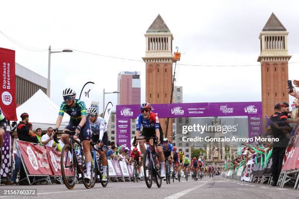 Ally Wollaston of New Zealand and AG Insurance - Soudal Team - Green points jersey crosses the finish line as winner ahead of Arlenis Sierra of Cuba...