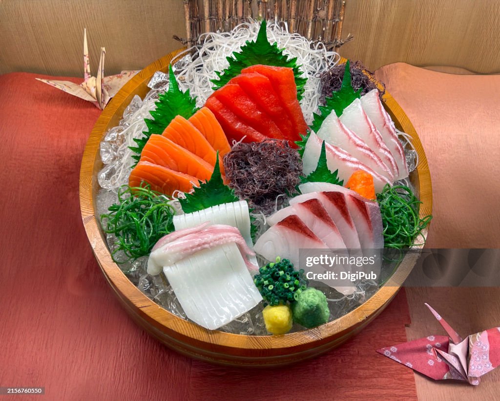 Assorted Sashimi Platter in a Traditional Wooden Tray, Food Model