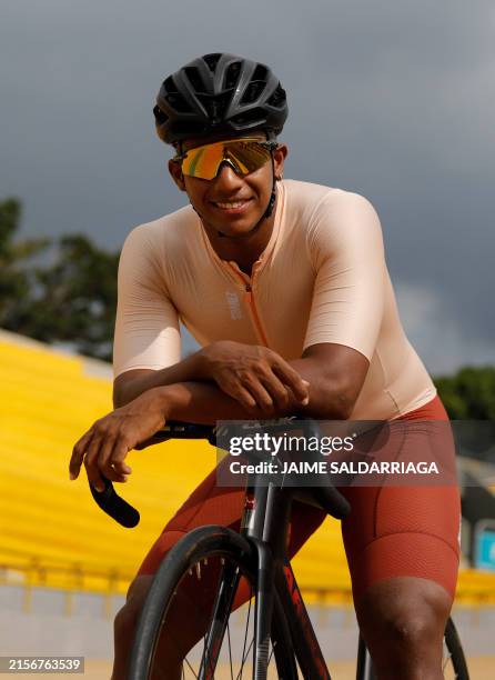 Colombian sprinter Kevin Quintero poses for a picture during a training session in Medellin, Colombia on April 29, 2024. In an iterview with AFP,...