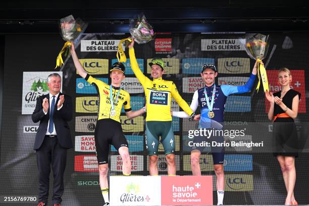 Matteo Jorgenson of The United States and Team Visma | Lease a Bike on second place, race winner Primoz Roglic of Slovenia and Team BORA - hansgrohe...