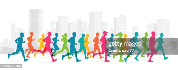 running marathon in the city, colorful vector silhouette. - scoring run stock illustrations
