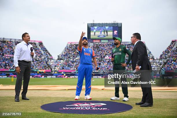 The coin toss takes place with Rohit Sharma of India and Babar Azam of Pakistan during the ICC Men's T20 Cricket World Cup West Indies & USA 2024...