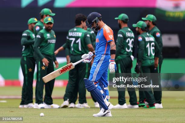 Virat Kohli of India makes his way off after being dismissed during the ICC Men's T20 Cricket World Cup West Indies & USA 2024 match between India...