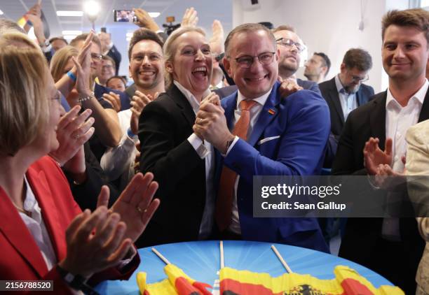 Tino Chrupalla and Alice Weidel, co-leaders of the far-right Alternative for Germany political party, celebrate at the AfD election evening gathering...