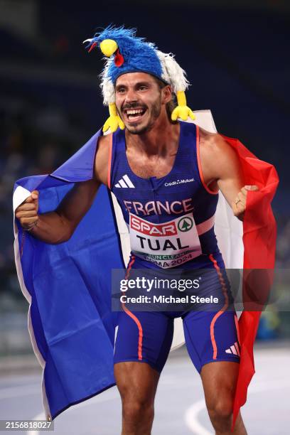 Gold medallist, Gabriel Tual of Team France, celebrates after winning in the Men's 800m Final on day three of the 26th European Athletics...