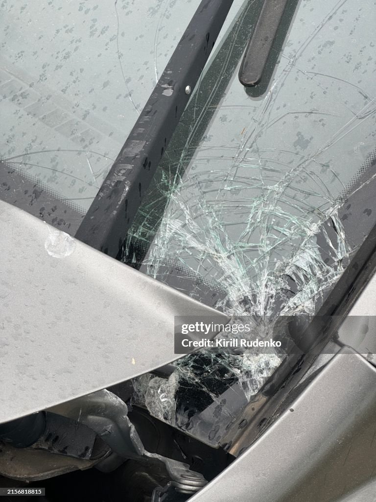 Detailed View of a Shattered Car Windshield
