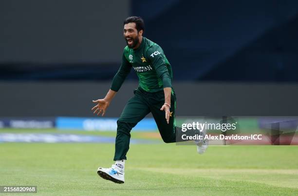Mohammad Amir of Pakistan celebrates after dismissing Ravindra Jadeja of India during the ICC Men's T20 Cricket World Cup West Indies & USA 2024...