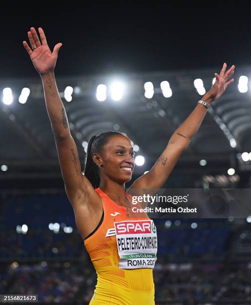 Gold medallist, Ana Peleteiro-Compaore of Team Spain, celebrates after winning in the Women's Triple Jump Final on day three of the 26th European...
