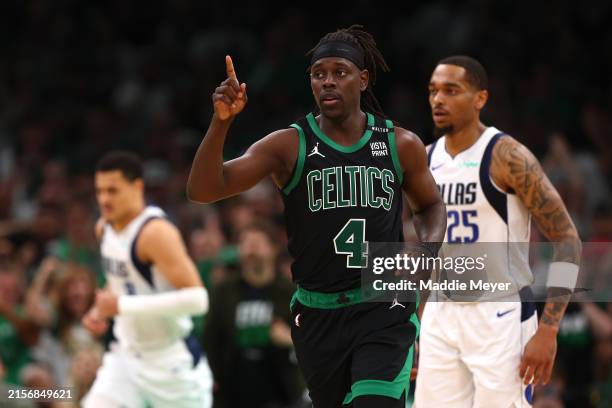 Jrue Holiday of the Boston Celtics reacts during the third quarter against the Dallas Mavericks in Game Two of the 2024 NBA Finals at TD Garden on...