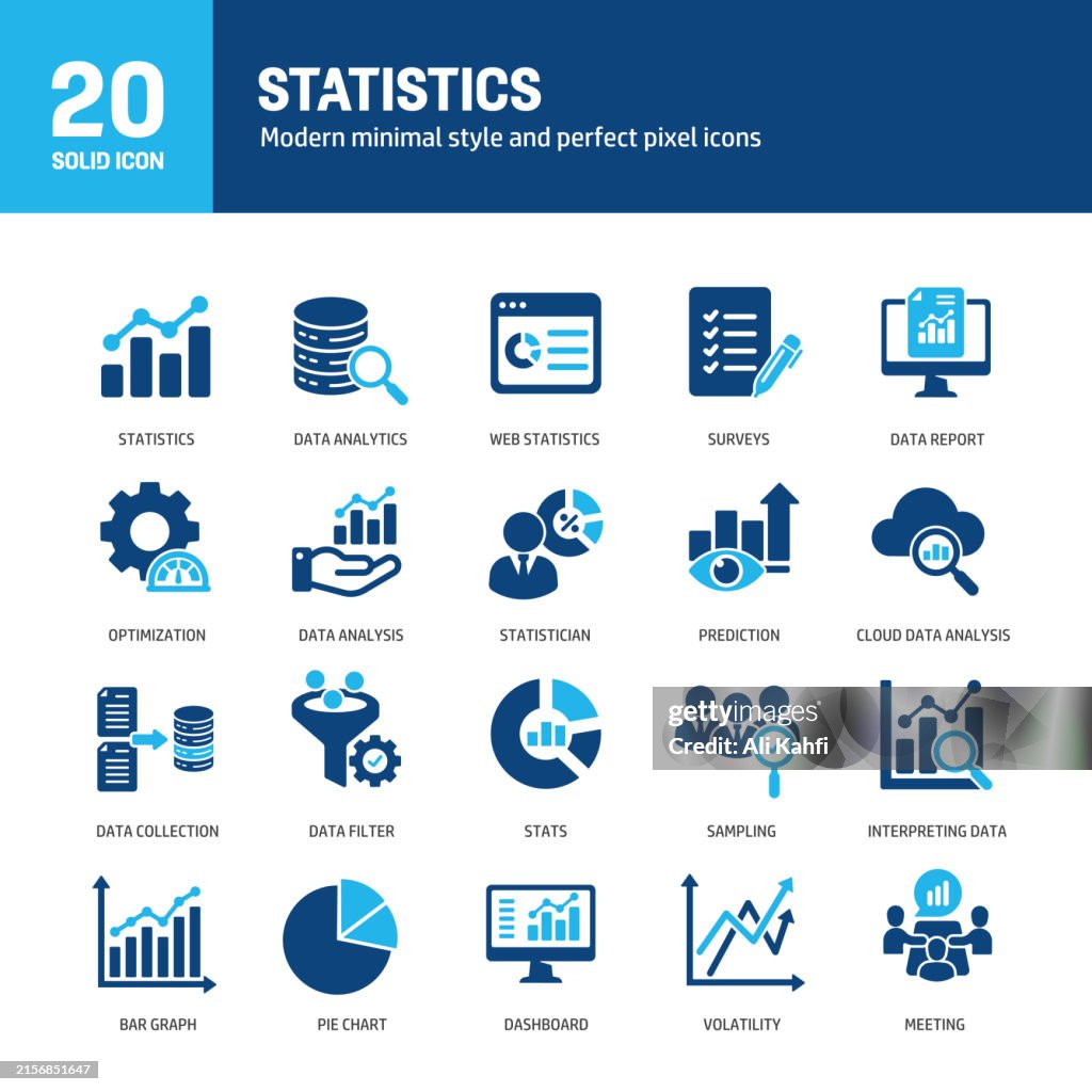 Statistics glyph solid icons. Containing data, analyzing, finance, business solid icons collection. Vector illustration. For website design, logo, app, template, ui, etc.