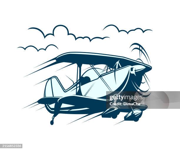 illustrations, cliparts, dessins animés et icônes de avion avec hélice volant dans le ciel - icône vectorielle de contour - airport logos