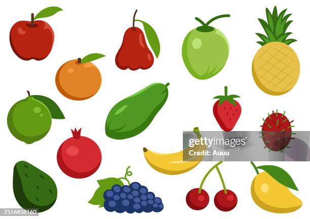 set of fruit flat design - strawberry banana stock illustrations