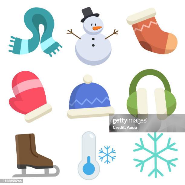 ilustraciones, imágenes clip art, dibujos animados e iconos de stock de conjunto de diseño plano de la temporada de invierno - mono prenda de vestir