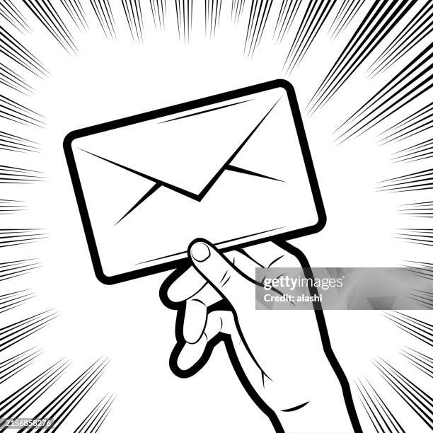 one human hand holding an envelope, in the background with radial manga speed lines - quitting job stock illustrations