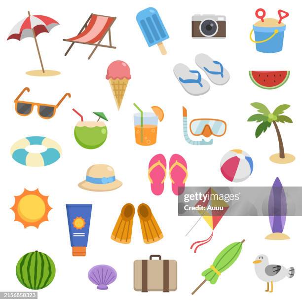 ilustrações de stock, clip art, desenhos animados e ícones de set of summer season flat design - chinelo de dedo