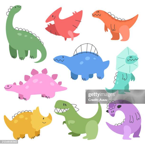 set dinosaurier flaches design - diplodocus stock-grafiken, -clipart, -cartoons und -symbole