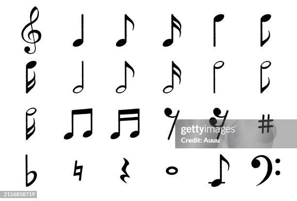 musiknoten-symbolsatz isoliert auf weißem hintergrund - notenblatt stock-grafiken, -clipart, -cartoons und -symbole