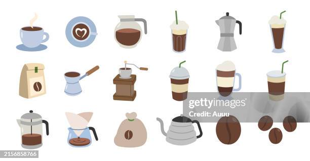 set kaffee flaches design - kaffee getränk stock-grafiken, -clipart, -cartoons und -symbole