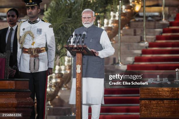India Prime Minister Narendra Modi takes the oath of office at Rashtrapati Bhavan on June 09, 2024 in New Delhi, India. The election has been a...