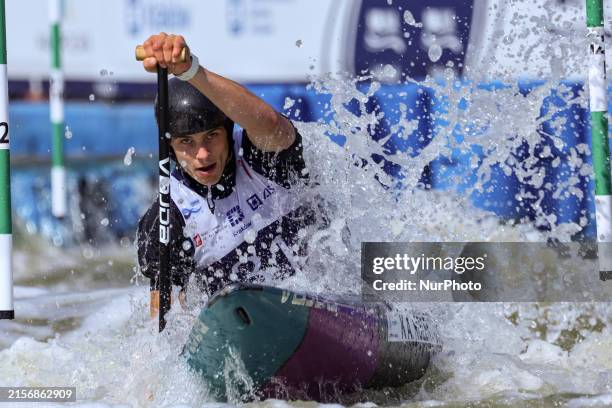 Kurts Rozentals of Great Britain competes in Men's Canoe Heats Run 1 of ICF Canoe Slalom World Cup Krakow 2024 on Kolna Sport Centre track on...