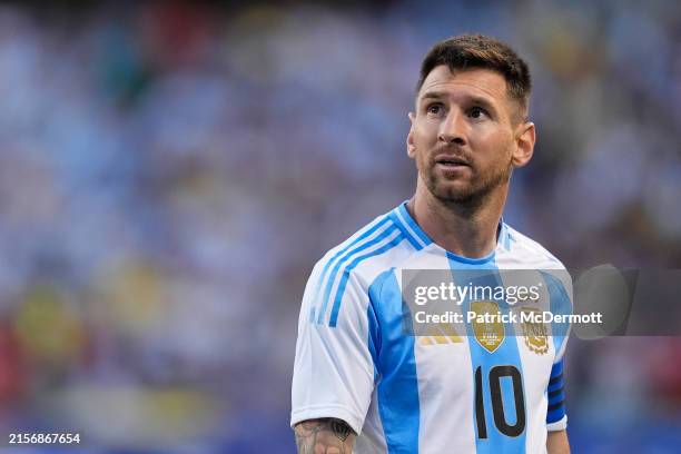 Lionel Messi of Argentina looks on in the second half against Ecuador during an International Friendly match at Soldier Field on June 09, 2024 in...