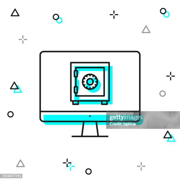 desktop computer with safe box. line icon on white background - desktop computer screen close stock illustrations