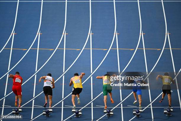 Athletes set off from the starting blocks in the Men's 100m Decathlon on day four of the 26th European Athletics Championships - Rome 2024 at Stadio...