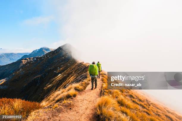 travelers climbs uphill at top of tussock-covered ridgelines. - mountain ridge stock pictures, royalty-free photos & images
