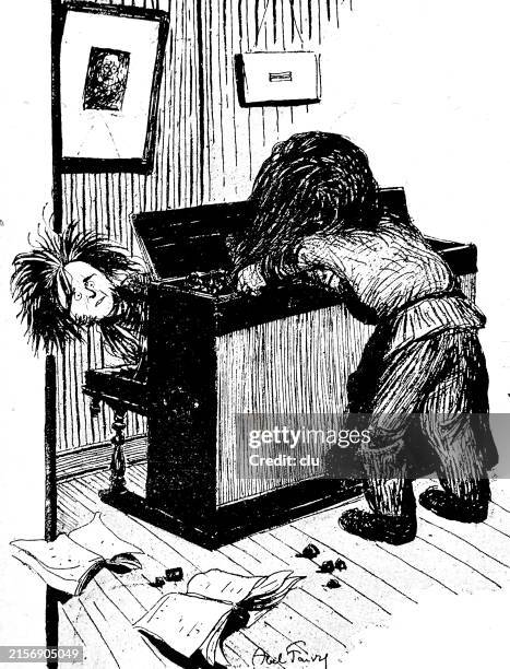 a piano tuner hanging his hair in the piano, the pianist looks amazed - tuning instrument stock illustrations