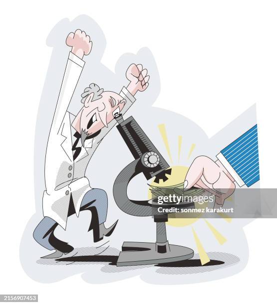 scientist sees money under the microscope - senior tech help stock illustrations