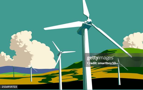 wind turbine farm in countryside - hedge stock illustrations
