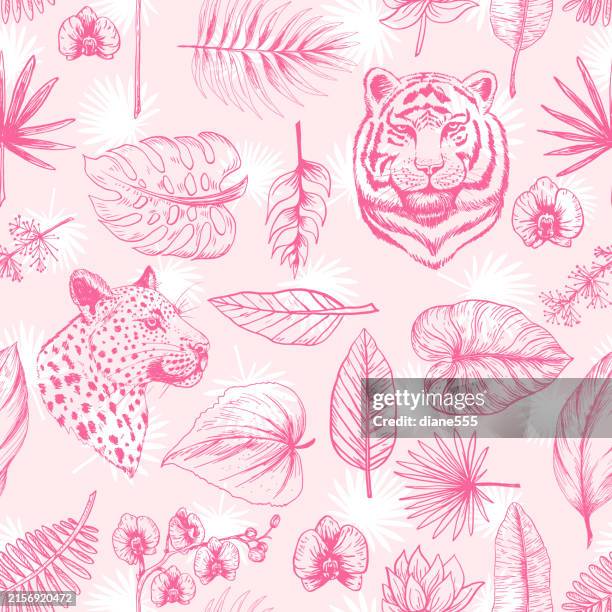 tropical seamless pattern with tiger, leopard and plants - leopard stock illustrations