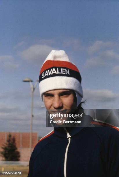 American long track speed skater Eric Heiden wearing a souvenir hat from Savalen, the lake where he previously set two speed skating world records,...