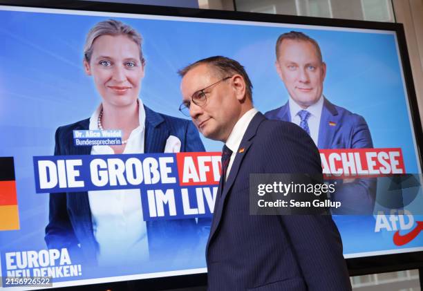 Tino Chrupalla, co-leader of the far-right Alternative for Germany political party, arrives tospeak to the media the day after European parliamentary...